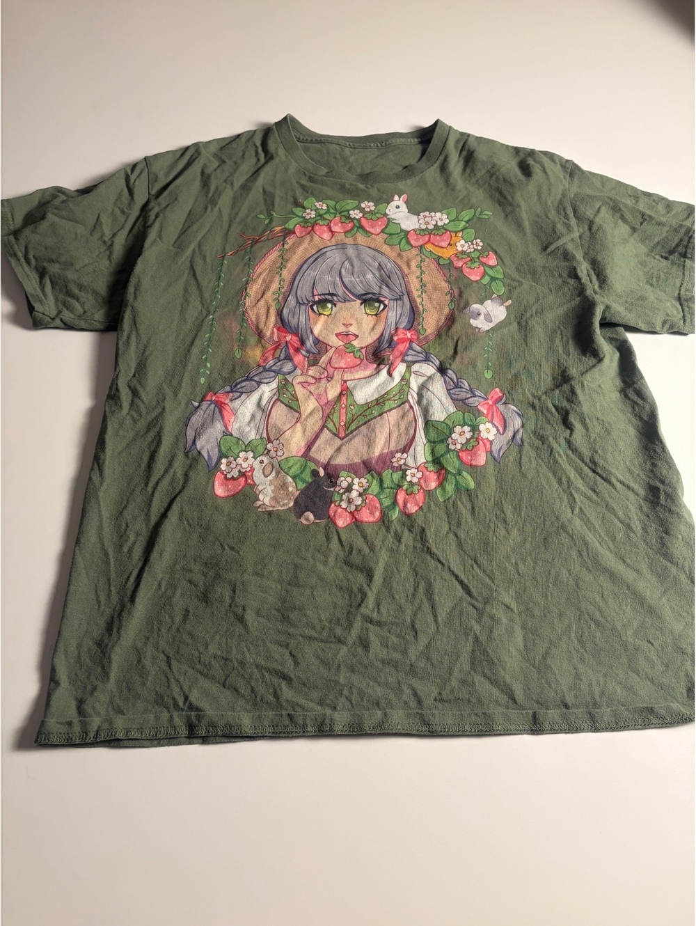 Green Graphic T-Shirt with Anime Style Strawberry Girl Print